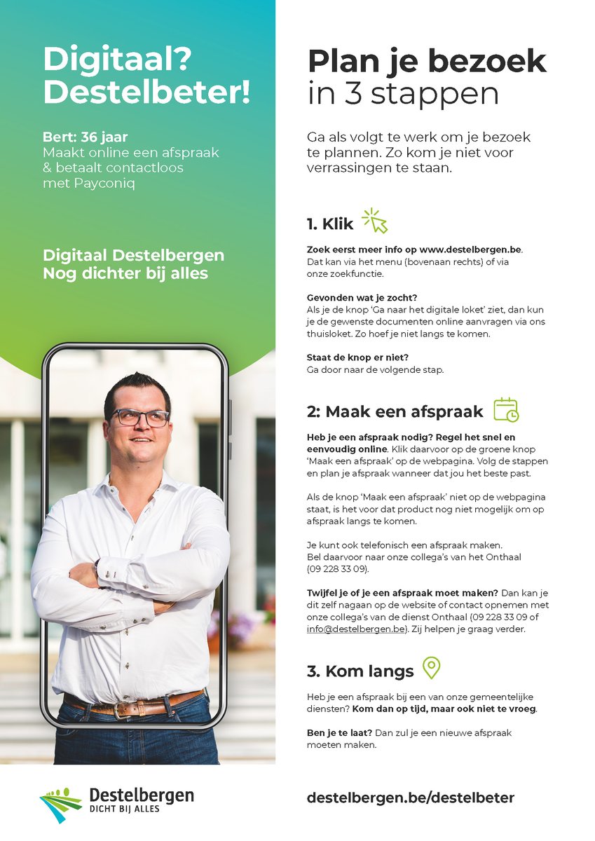 Destelbergen's tweet photo. Het startschot is gegeven! 🥳

Voortaan kan je bij ons contactloos betalen én werken we sinds vandaag voor heel wat producten met een online afsprakensysteem. 📅

▶️ Je maakt een afspraak via het online afsprakenportaal 👇👇👇

ℹ️ Meer info vind je https://t.co/hlVQU6pEtJ https://t.co/7joiNVLngp