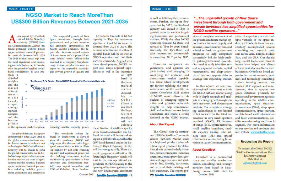 orbofleet's tweet photo. With exclusive content from #satellite industry experts, the latest issue of @SatelliteBrief's Executive Briefing has also covered Orbofleet’s 'Global NGSO Satellite #Communications #Market Report.’ For more info on the report purchasing process contact us at: info@orbofleet.com https://t.co/eWBHwZITj3