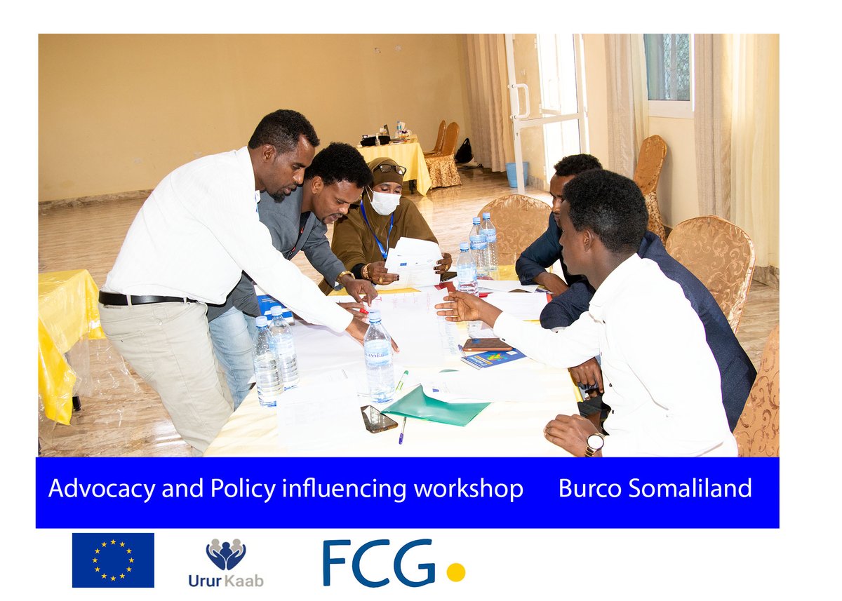 UrurKaab's tweet photo. FCG Sweden's Technical Assistance project @UrurKaab facilitated a 3-day Advocacy and Policy Influencing workshop in Burao, Togdher region. 34 participants representing 17 CSOs from Erigavo, Las Anood, Burao, Borama and Berbera participated in this training and planning workshop https://t.co/lLDKqG9tEF