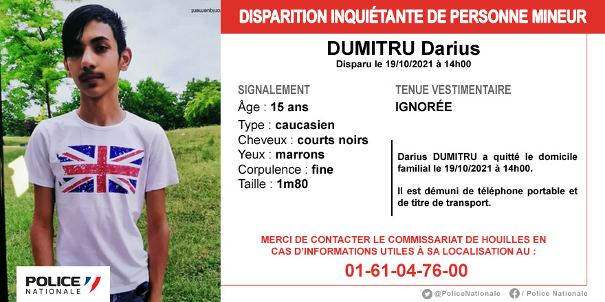 PoliceNat78's tweet photo. [#AppelATémoins] Merci de vos RT afin d'aider les enquêteurs du commissariat de @villehouilles à retrouver le dénommé Darius DUMITRU disparu le 19/10/2021 à @sartrouville78. https://t.co/JLknWK40tO