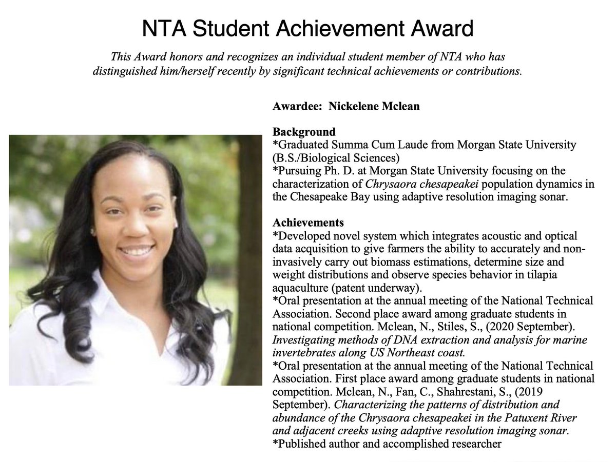Congratulations to Nickelene Mclean, the <a href="/MorganStateU/">Morgan State University</a>  Ph.D. student who won the NTA Student Achievement Award at #NTA93 for her work with marine animals. She has a patent underway for a system for aquaculture farmers  that uses optical and acoustic data to measure tilapia!