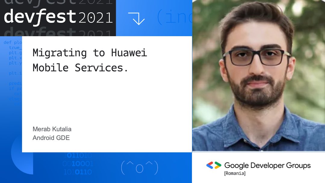 Wanna add support for Huawei Mobile Services in your app? <a href="/TatoKutalia/">Merab Tato Kutalia 🇬🇪 - Glory to Ukraine 🇺🇦</a> can help you out! 

Register for #DevFest2021 at bit.ly/3CY8j6f
