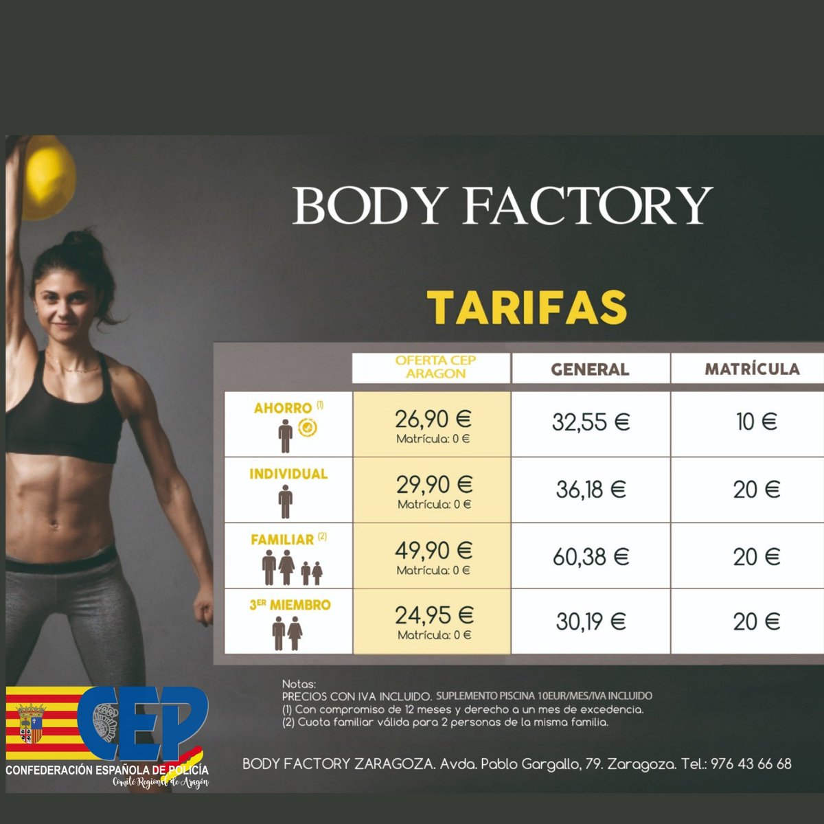 CEPZaragoza's tweet photo. Ofertas - Convenios 💪🏋️
↘️De la mano de #bodyfactory Zaragoza os presentamos un nuevo convenio por el que afiliados y compañeros #policíanacional podréis aprovecharos de cuotas reducidas sin coste de matriculación para manteros en forma.
#CEPtusindicato https://t.co/Eoqca4SgSy