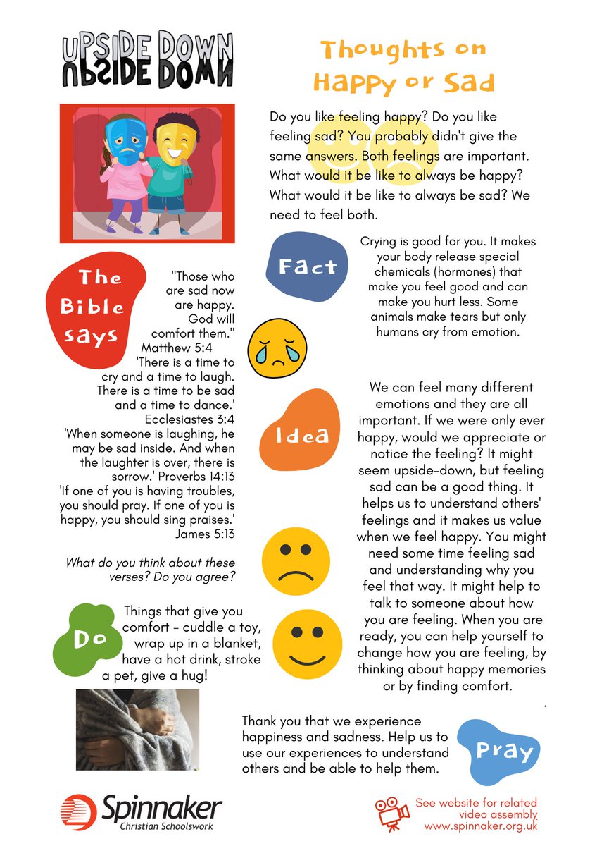 Spinnakertrust1's tweet image. #ThoughtsOn – Happy or Sad – We might want to be happy all the time, but all our emotions are important, and sometimes we are sad. Use this reflection to explore feelings and how we deal with them. 

For PDF: bit.ly/3G2Ridv

#ClassReflection
#CircleTime
#QuietTime