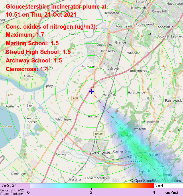 plumeplotter's tweet photo. Latest Gloucestershire incinerator plume plot, 10:51 21/10/21 #Cainscross #Puckshole #Rodborough https://t.co/mtbEc3uClI https://t.co/Y2dxfLJ5Ns