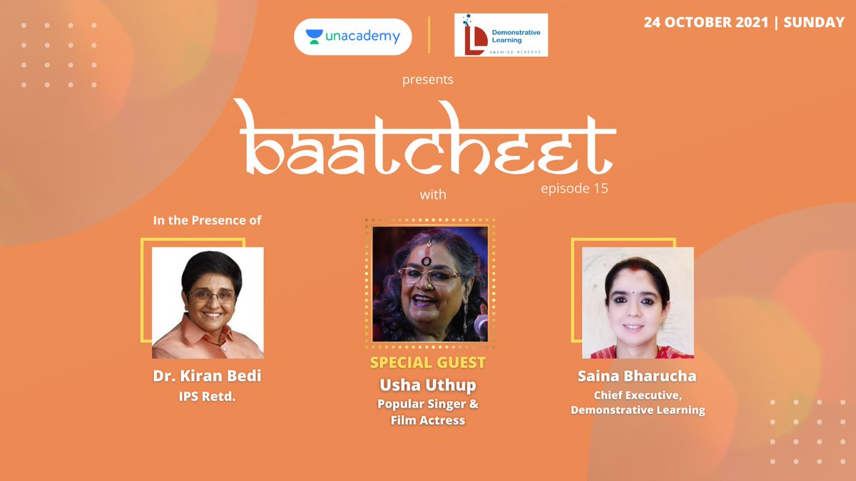 DemonstrativeLE's tweet photo. Join us for an exciting episode of #Baatcheet this Sunday 24th October 5 PM with our most amazing atithi Usha Uthup ji @singerushauthup 
It promises to be an absolutely magical evening of music 
@SainaRBharucha @thekiranbedi @unacademy 
.
.
.
.
#music #singers #rendezvous https://t.co/xII9iCSHQu