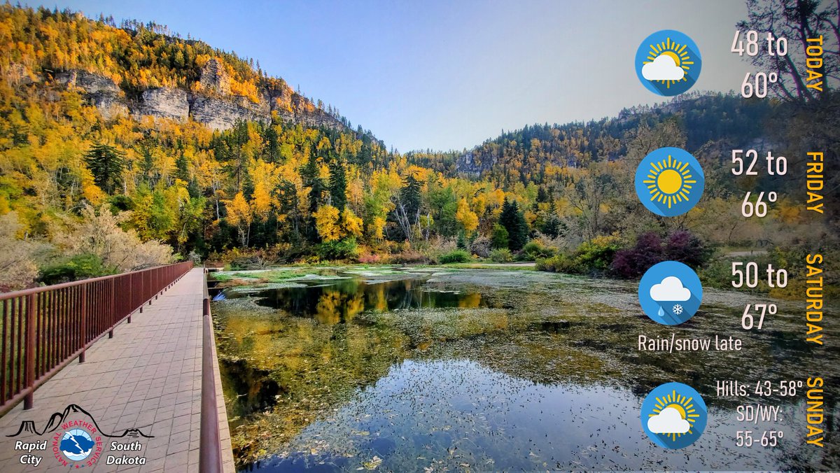 Near seasonable temperatures and dry weather is expected through Saturday. Then a slight chance of light rain (mixing with snow in the Black Hills) overnight Saturday into Sunday. Mild weather continues early next week. #sdwx #wywx