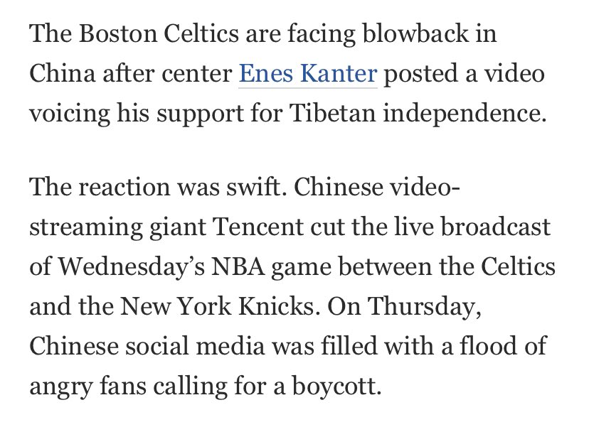 Thank you @EnesKanter for standing tall against authoritarianism ✊🏽 Everyone drop a message of love &amp; support to Enes &amp; the Boston <a href="/celtics/">Boston Celtics</a>☘️🙏🏽

This is further evidence of one simple fact: in a post-globalization world, censorship anywhere is a threat to free speech everywhere.
