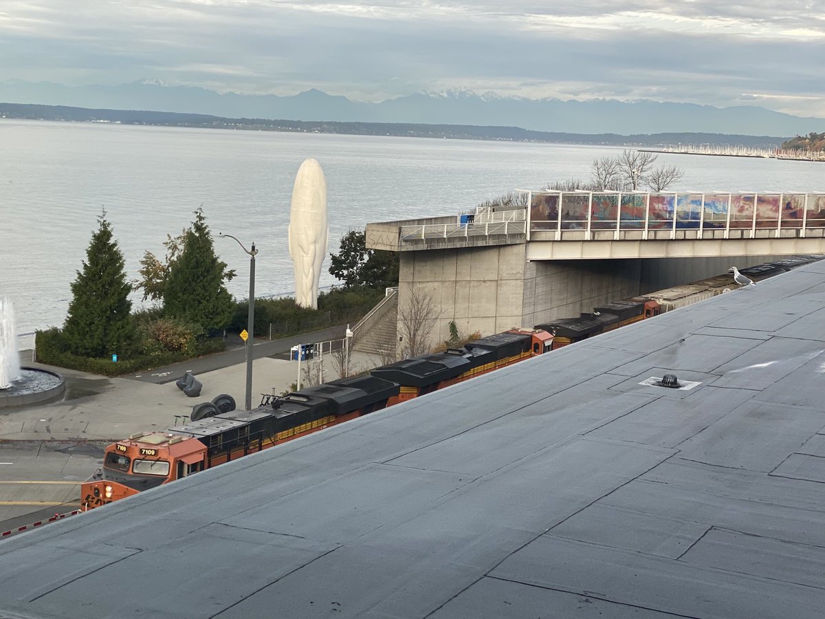 edward_d_thomas's tweet photo. Hybrid work from #Seattle. Zoom, trains, sculpture, sound and snow capped mountains. #wow! https://t.co/k1oqOSVhvV