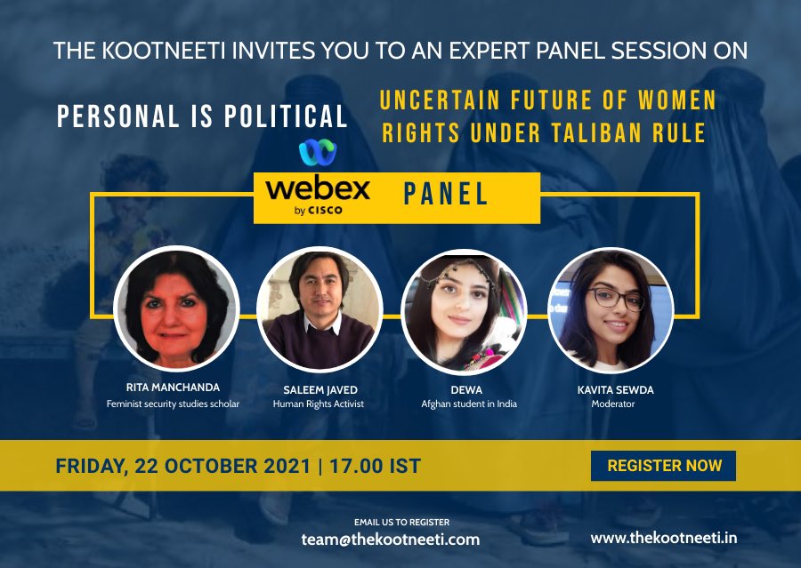 mSaleemJaved's tweet photo. Glad to speak at @TheKootneeti’s webinar about human rights, particularly women’s rights situations in Taliban’s #Afghanistan tomorrow, 1330 CET, with @kavitasewda. 

Register here: https://t.co/jvZ3Tg33uT https://t.co/v9jRNn2amm