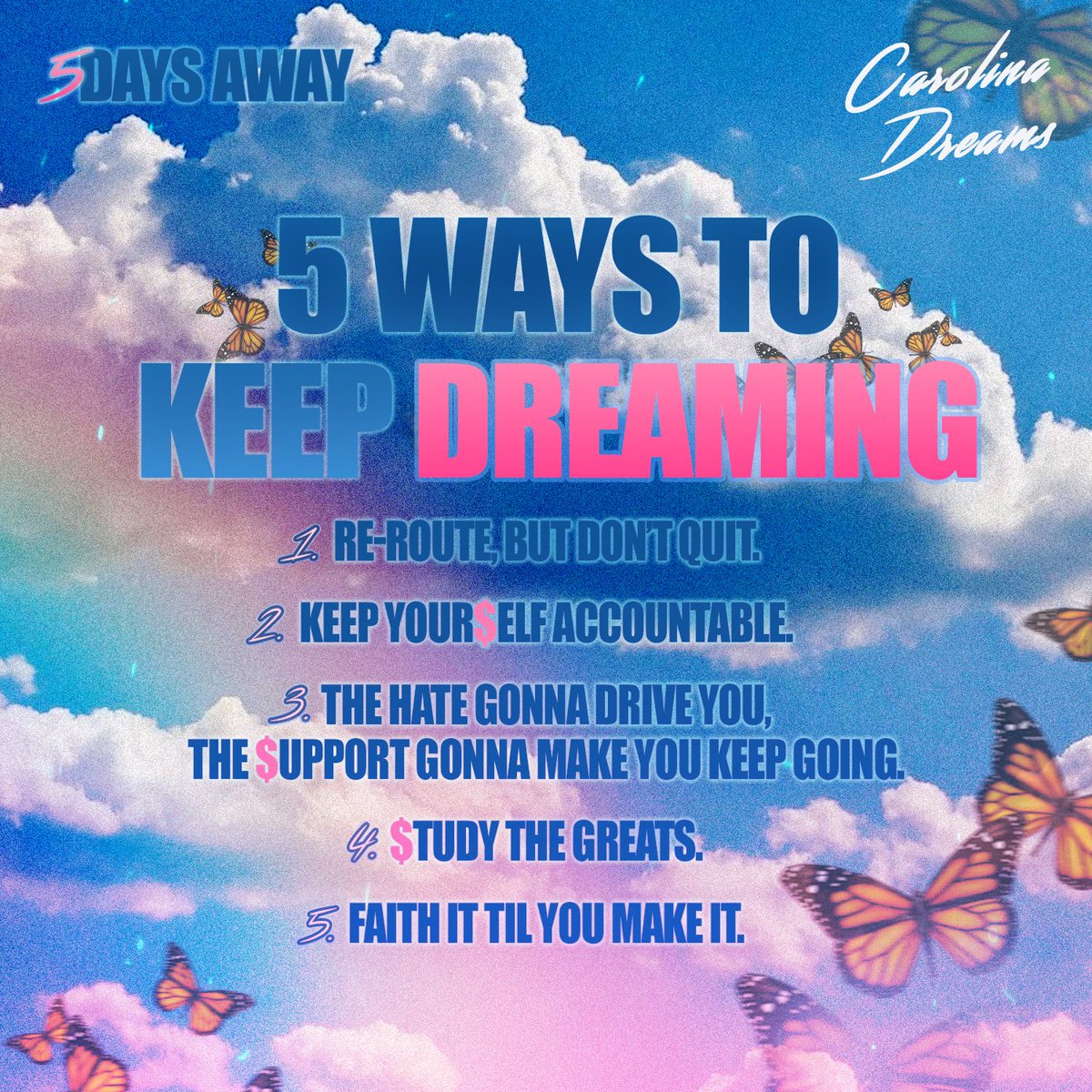 bankroledream's tweet photo. On the 5th day of #DREAMMIX yo Dream Girl brought to youuuuu. 5 ways to keep dreaming and some radio play mf ! Today from 2-7 we FLOODING 104.5 by calling and requesting “Yummy” all day! Starting @ 2p I wanna hear dat bih atleast 30 times ! 💗 910 - 222 - 1045 📞 https://t.co/XM3pzwrvTT