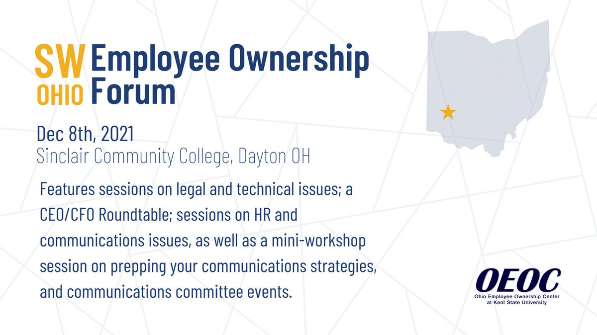 The OEOC is excited to announce it will be hosting a year-end 2021 Southwest #Ohio #EmployeeOwnership Forum in the #Dayton area this December. 
Learn more and register here: oeockent.org/resources-even…