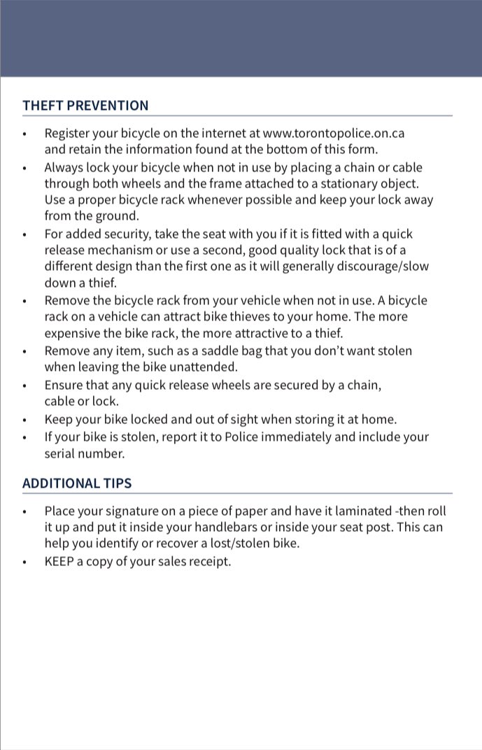 Our friends at <a href="/TPS55Div/">55 Division</a> have shared some valuable tips on bicycle theft prevention.

We love seeing you all visiting our neighbourhood, and we definitely want to ensure you enjoy your time here with us. Thank you for supporting local small businesses #SeeyouontheDanforth !
