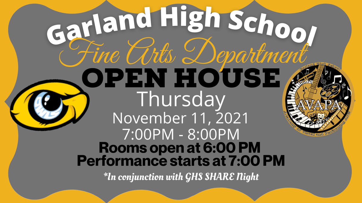 GHS_Owls's tweet photo. Save the date, Owls!  Join us for a night of performances and exhibits from the GHS Fine Arts Department.  We can't wait to see you!  Gig'em Owls! #ChooseTheOriginal @AA_Eagles @Bussey_Owlets @SHMS_Colts https://t.co/iK9s8qLWcP