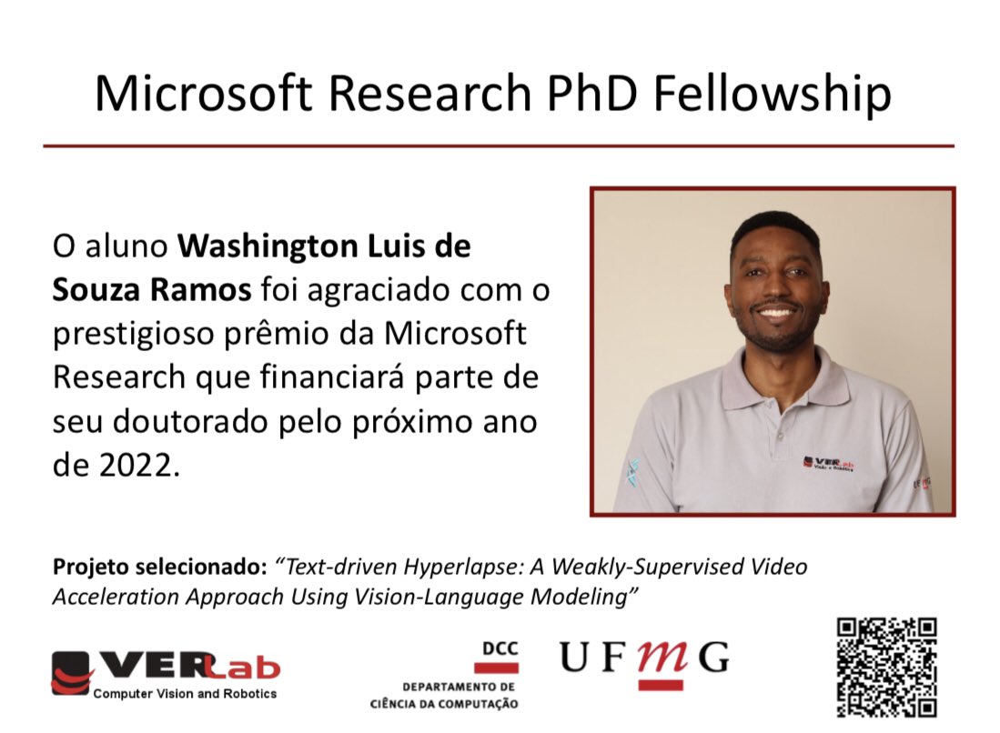 verlabufmg's tweet photo. @washingtonsk8, aluno de doutorado do Verlab, foi agraciado com o prestigioso fellowship da Microsoft Research! Parabéns Washington!!! https://t.co/u2rFIpoPyG