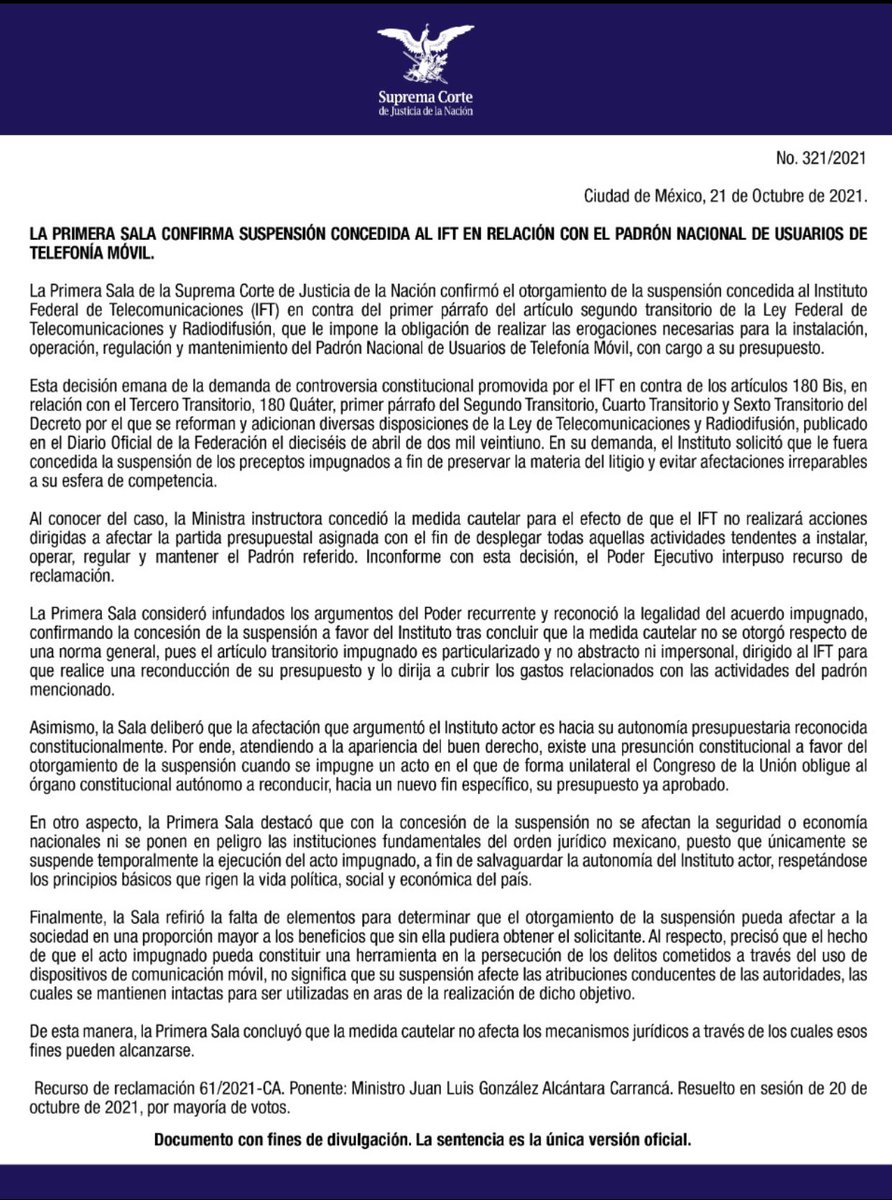 SCJN's tweet photo. #ComunicadoSCJN
 
La #PrimeraSala confirma suspensión otorgada al @IFT_MX en contra de la obligación de realizar los gastos necesarios, con cargo a su presupuesto, para la instalación, operación, regulación y mantenimiento del #PANAUT

🔗 https://t.co/iFasTl9dGV https://t.co/4SXPlLZPJO