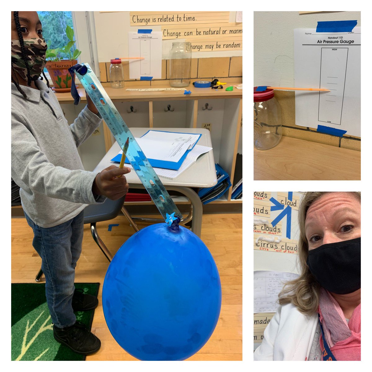 cbyrdteaches17's tweet photo. Mrs. Byrd has on her lab coat and we are testing many weather related hypotheses to answer our questions. Does air have weight? Yes! Can we measure air pressure and observe the changes that result in weather? @WBESBulldogs @WBE_Library @WaverlybelPTO #GATE https://t.co/FJjmSp65qj