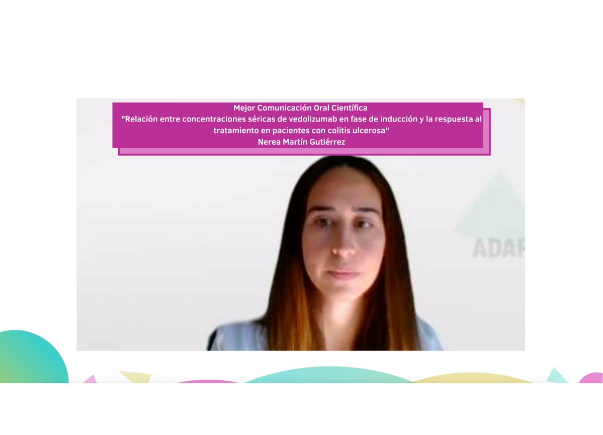 sefhcongreso's tweet photo. 👏👏👏A continuación, recoge el Premio a la Mejor Comunicación Oral Científica 👉"Relación entre concentraciones séricas de vedolizumab en fase de inducción y la respuesta al tratamiento en pacientes con colitis ulcerosa". Lo recoge Nerea Martín Gutierrez #sefh21 🥇 https://t.co/Q3kHzbtYSM
