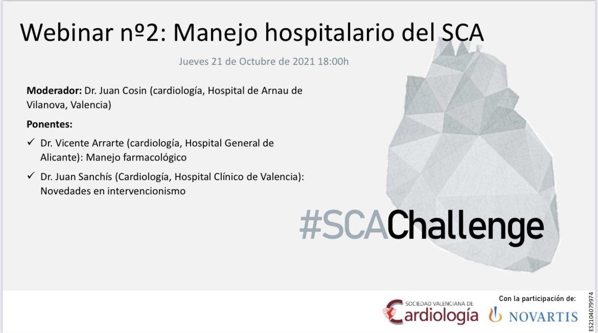 SVCardio's tweet photo. A las 18h comenzamos #SCAChallenge con @varrarte @JuanSanchisFor @JCosinSales y el manejo hospitalario de SCA
Vía 🖥 https://t.co/J1vk1KQf1Z y @YouTubeEspanol 
No faltes! @NovartisSpain https://t.co/aUKYdKpPgr