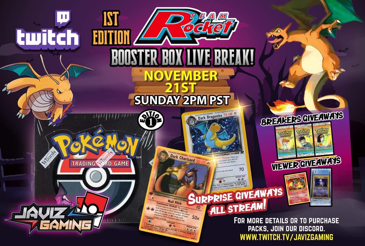 My community has purchased 2️⃣ 1st Ed TR packs to #giveaway! One of them will be ran through here and the other will be through IG! (@ JavizGamingx) 

We are at about 30 packs sold and still have spots available in the break! Dm me if interested! 🔥

Best of luck!
#pokemon #twitch