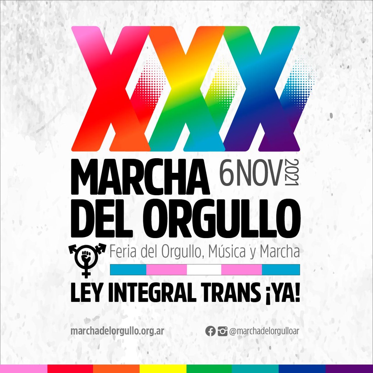 MarchaOrgulloAR's tweet photo. Volvemos a las calles... 

¡Marchamos de Plaza de Mayo a Congreso el sábado 6 de noviembre! 🏳️‍🌈🏳️‍⚧️

#30añosdeOrgullo #BuenosAires #Argentina https://t.co/FJXRGr36Fq