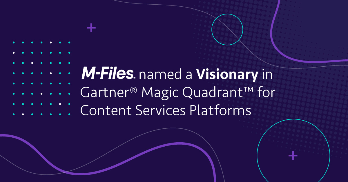 M_Files's tweet photo. M-Files named as a Visionary in 2021 @Gartner_inc  Gartner® Magic Quadrant™ for Content Services Platforms and positioned furthest for completeness of vision. Learn more: https://t.co/ZEy9YEuNiv https://t.co/SyTzFsj9Dm
