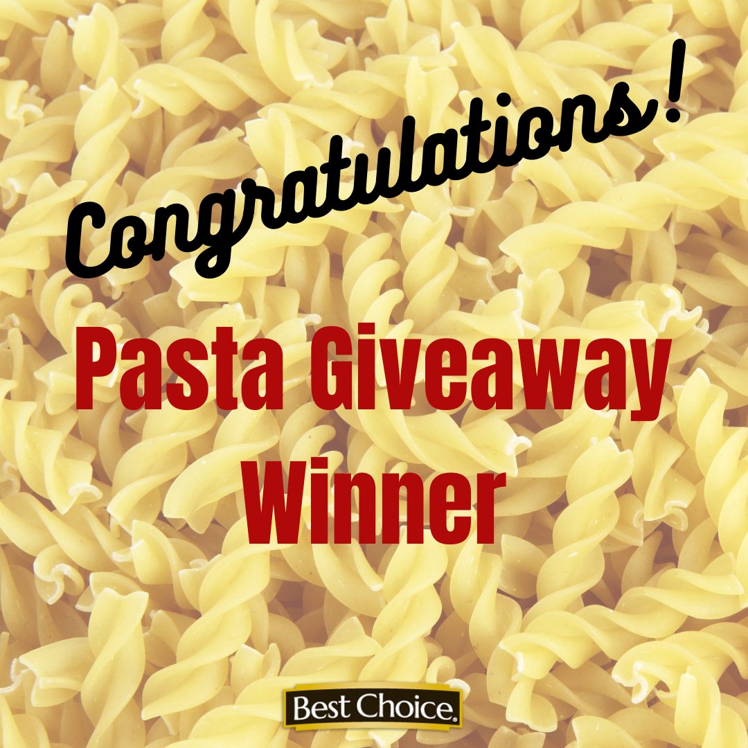 BestChoice's tweet photo. Congrats to our winner, Terry C.!
Thank you to everyone who entered our Pasta Giveaway. We LOVED hearing about all of your favorite pasta dishes and can't wait to try out some new pasta-centric recipes! 🍝
#PastaMonth #BESTCHOICE https://t.co/EnuCS9g1TN