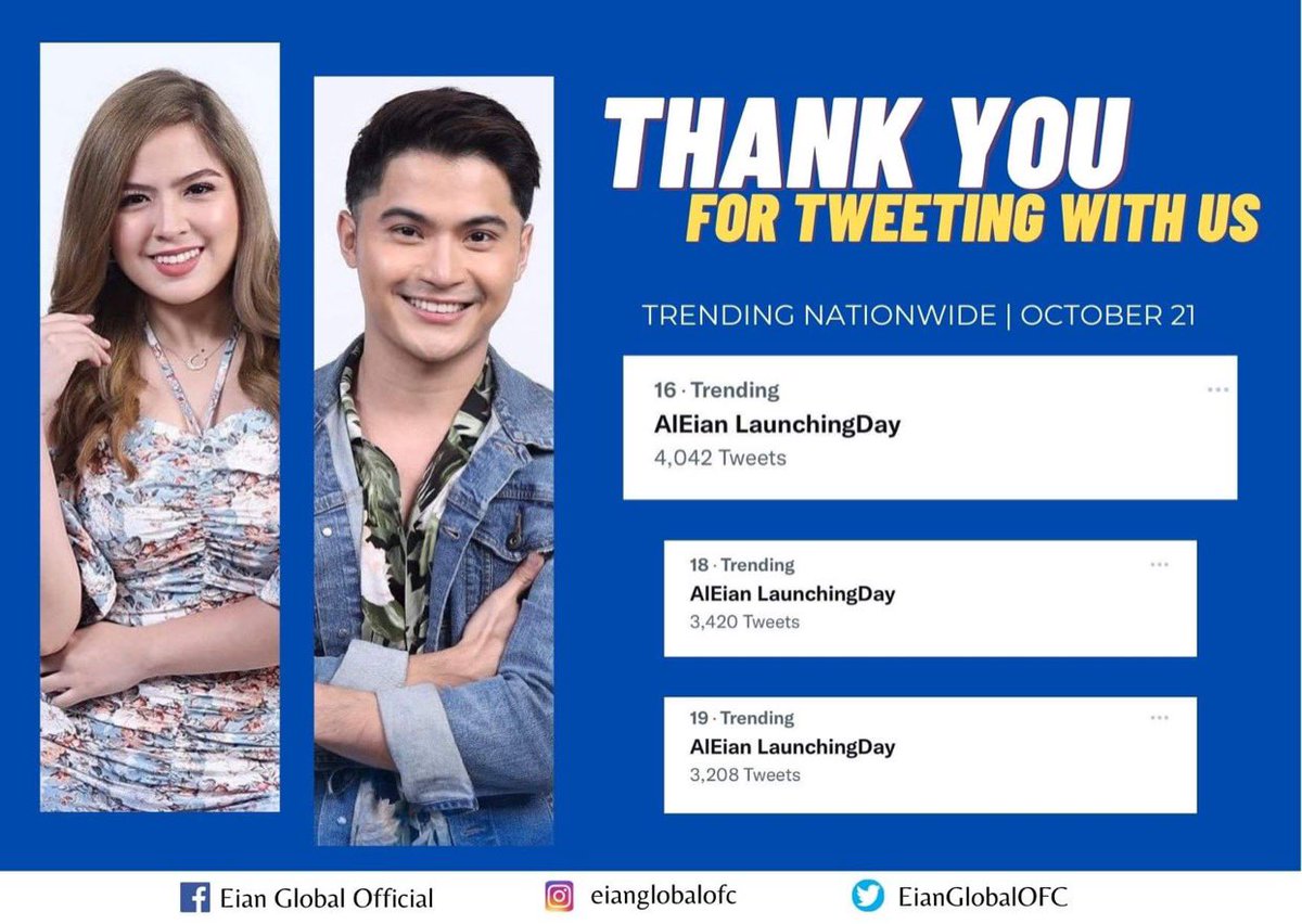 EianTrendsetter's tweet photo. KA-EIANATICS, WE TRENDED! 

Congratulations to us: Team AlEian, Team Eian &amp; Team Alexa! 

‘AlEian LaunchingDay’ peaked at 16th spot nationwide with more than 4k tweets! Thank you for joining us in our twitter party tonight, fam! 💙

#EianRances | @EianRances https://t.co/ahoBc034iy