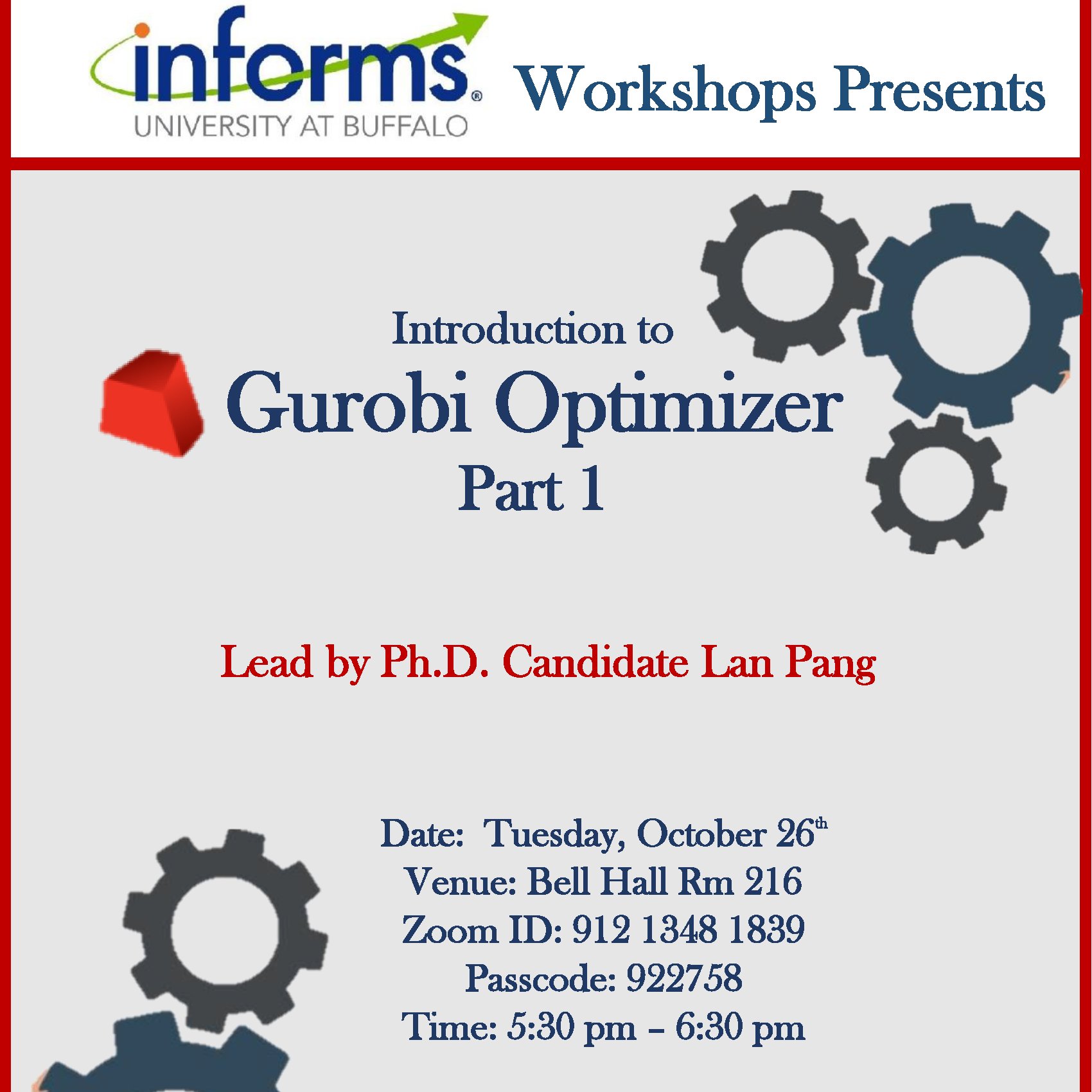 Tom Audreath Vært for Staple University at Buffalo Industrial Engineering on Twitter: "UB-INFORMS is  organizing a 2-part Gurobi workshop series (by Lan Peng) this semester. In  part 1 of the series, learn about the basics of using