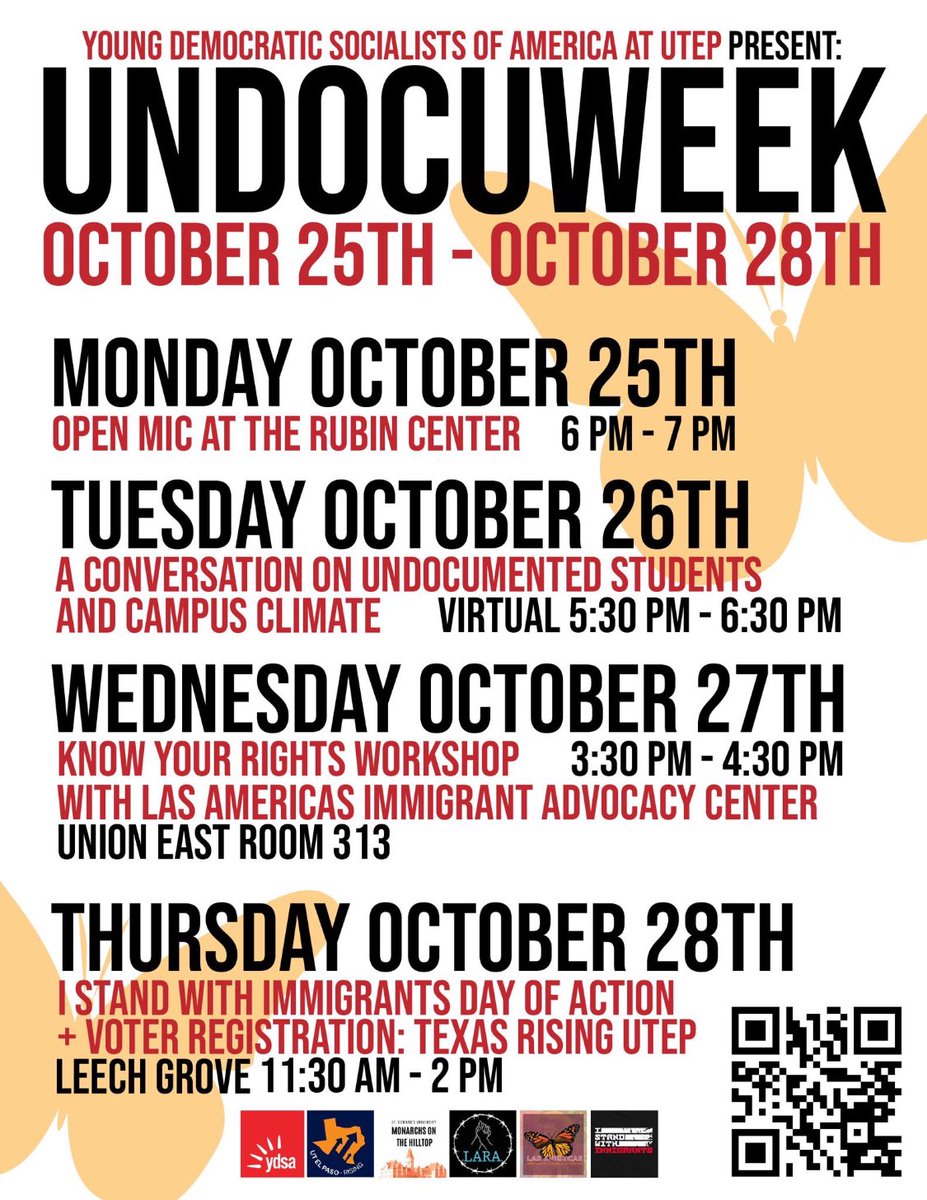 ydsautep's tweet photo. #UndocuWeek 2021 is approaching! Check out the events and workshops YDSA at UTEP has prepared to celebrate and uplift the voices and experiences of our Undocumented student community.
In collaboration with @MonarchsOnStEds @ATXLARA @LasAmericasIAC @texrisingutep https://t.co/OHIibccARQ
