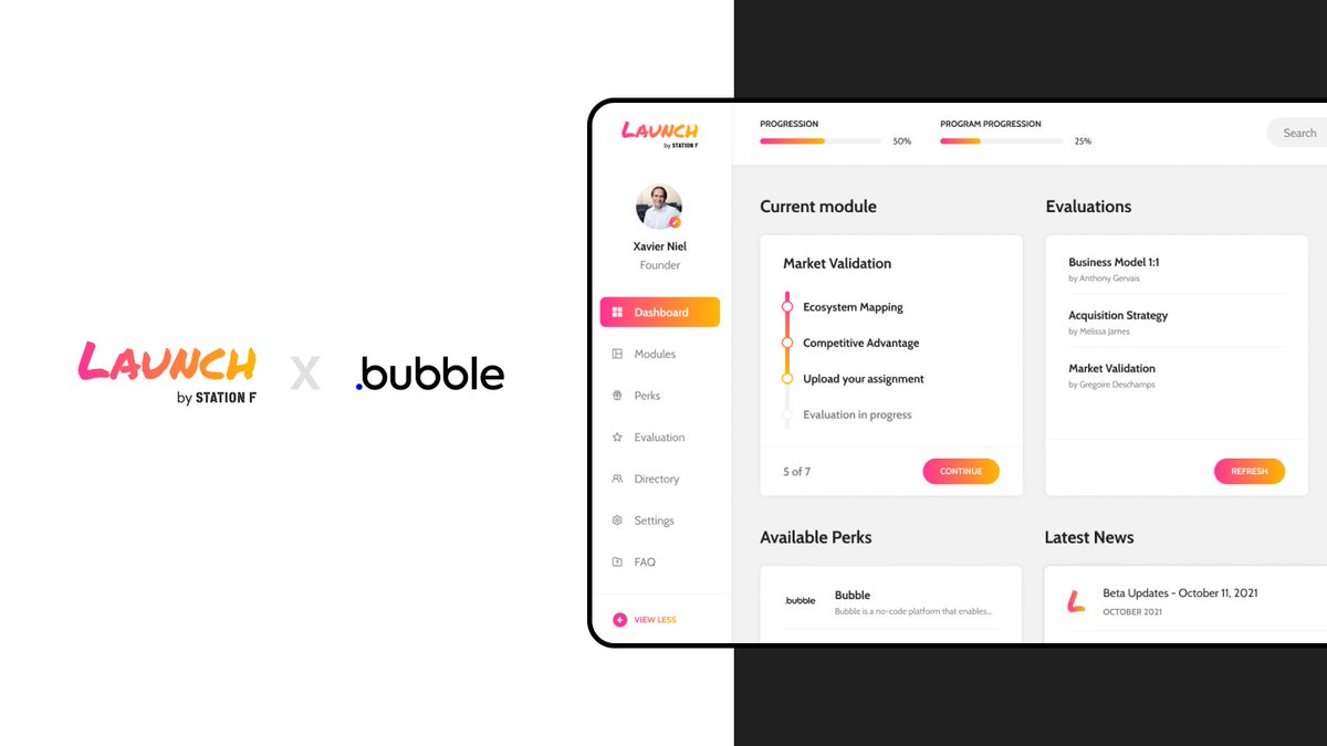 bubble's tweet photo. Bubble is partnering with #LaunchbySTATIONF, an all new fully online program for people who want to start their own company! Benefit from videos courses, tools and the power of @joinstationf community to start your business. Join the program on https://t.co/S5uufmk2pk https://t.co/crguFxJGnz
