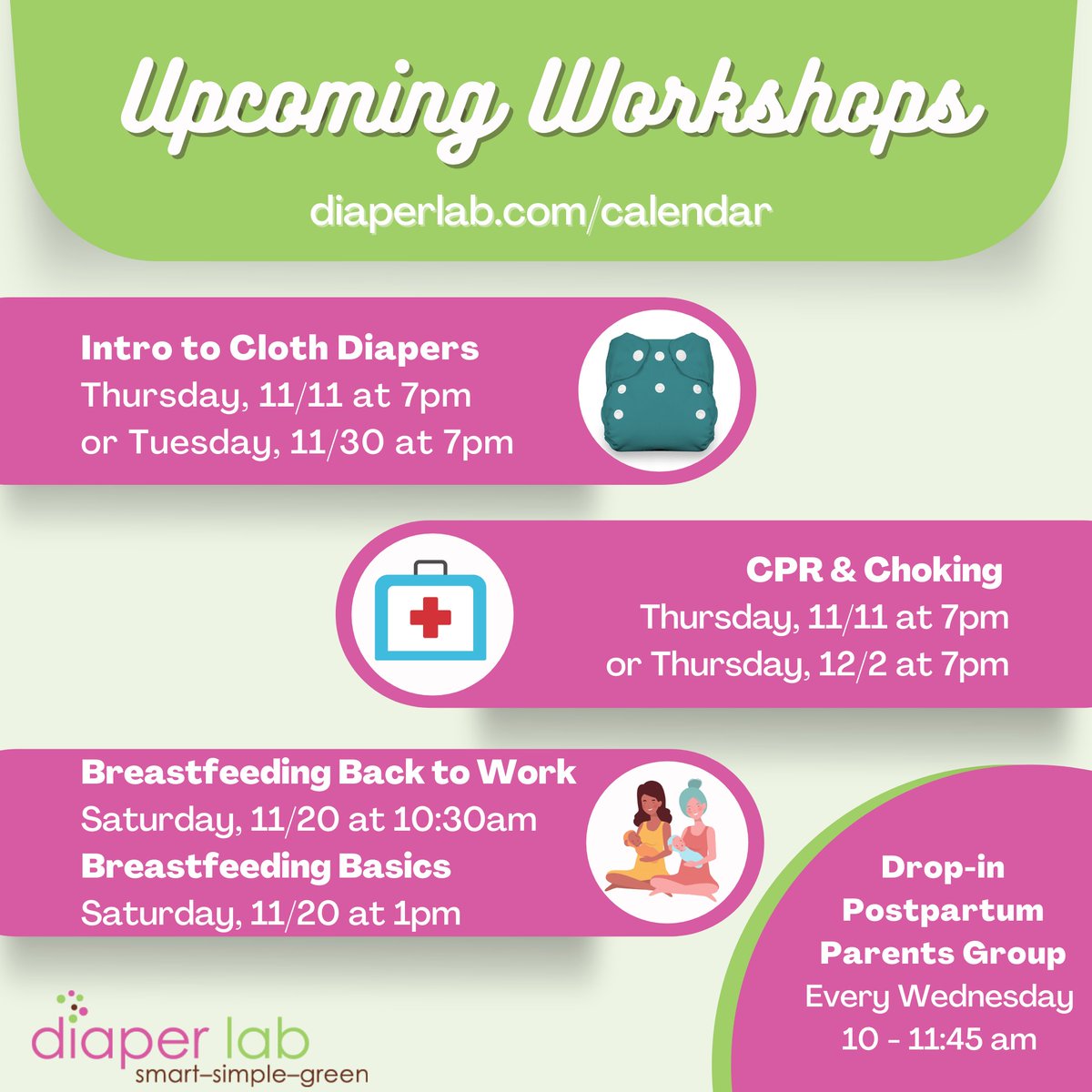 diaperlab's tweet image. Happy #WorkshopWednesday! All of our upcoming workshops are held via Zoom, so we welcome parents and caregivers from anywhere to join us! 🌎 Register at see more info at diaperlab.com/calendar