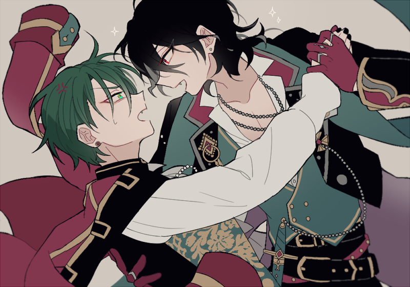 2boys multiple boys male focus green hair black hair red eyes jewelry  illustration images