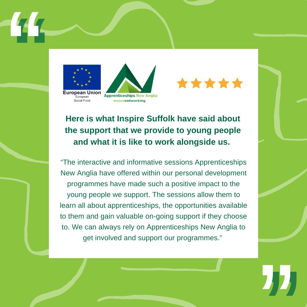 This is some feedback that @InspireSuffolk gave us regarding the support we provide to young people 👏 we really enjoy working with you!

#Apprenticeships #Norfolk #Suffolk #BuildTheFuture

apprenticeshipsnewanglia.co.uk