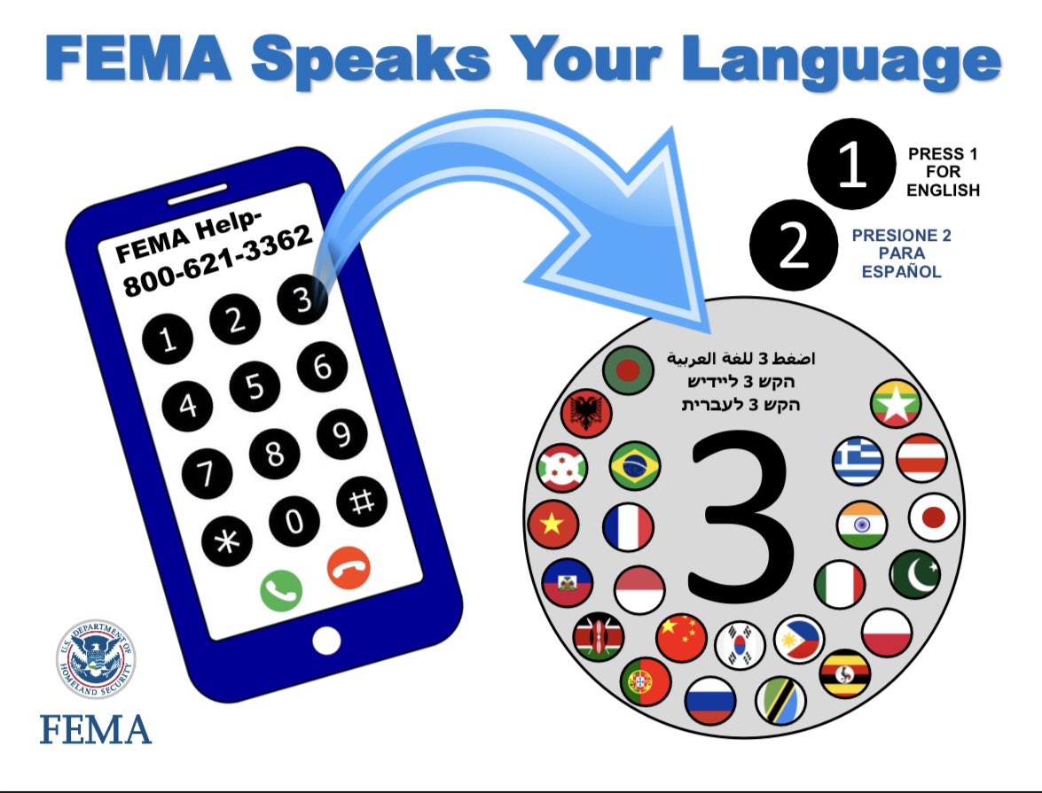 CMInezDBarron's tweet photo. FEMA Speaks Your Language. FEMA Help dial 800-621-3362 https://t.co/DjlVy5GWgC