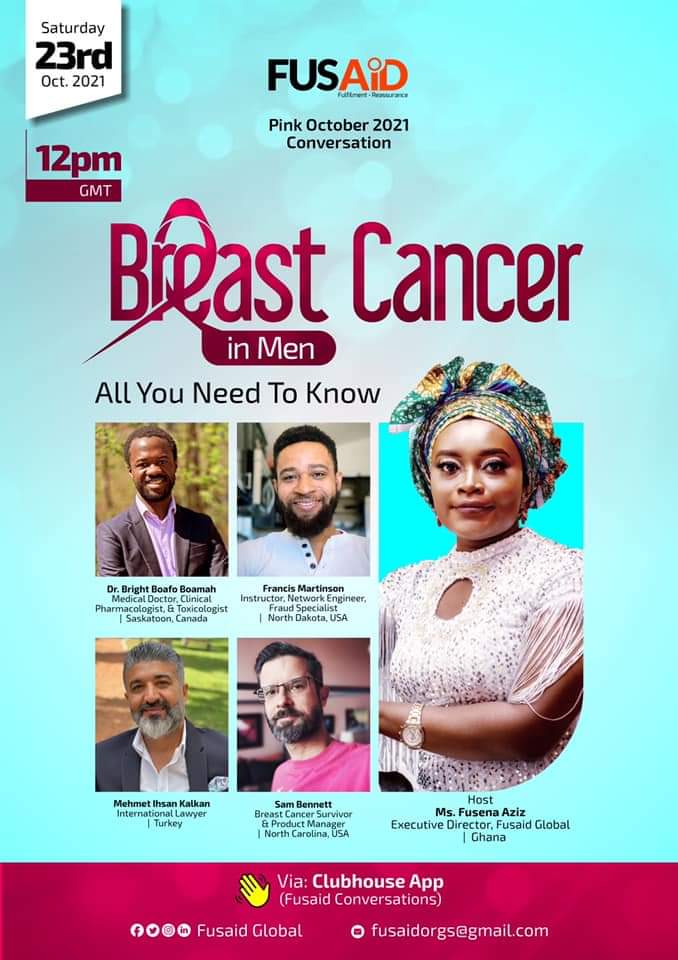 pnmahama's tweet photo. Although rare, several factors can increase a man’s chances of getting breast cancer.
Kindly make a date with @fusena_aziz this Saturday at 12:00PM GMT on Clubhouse to discuss Breast Cancer In Men.
Join: https://t.co/U2t7q8gdEa
#BreastCancerInMen
#FusaidGlobal https://t.co/0k3Sc1lLzy