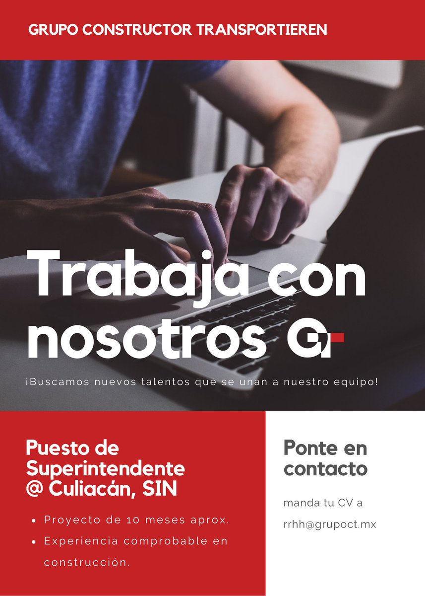 GrupoCTMX's tweet photo. ¡Buscamos nuevos talentos! #vacante de #superintendente en #Culiacán Ponte en contacto en nuestro correo: rrhh@grupoct.mx para más información https://t.co/OcxRJR2OcP
