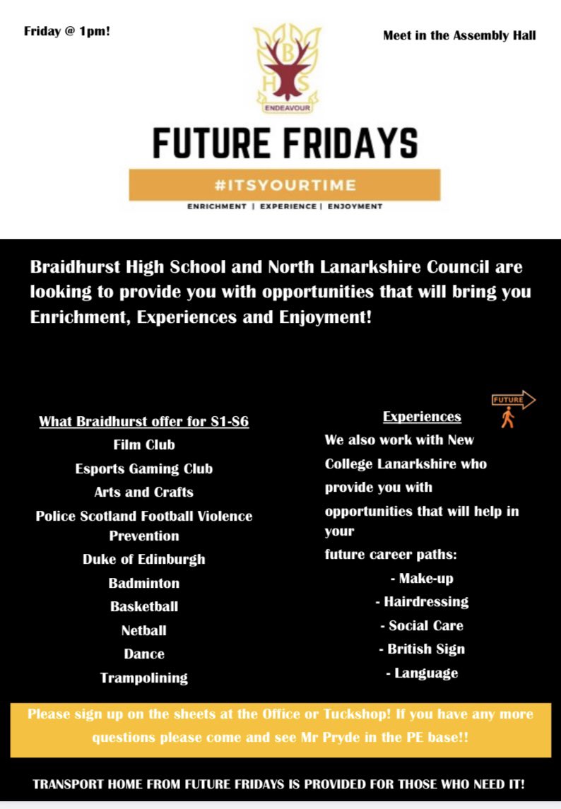 Please look out for the sign up sheet around the school! ✍️ 

Future Fridays has been fantastic so far so come along and see what is on offer! 🔴🟡

See you tomorrow @ 1pm in the assembly hall

#itsyourtime