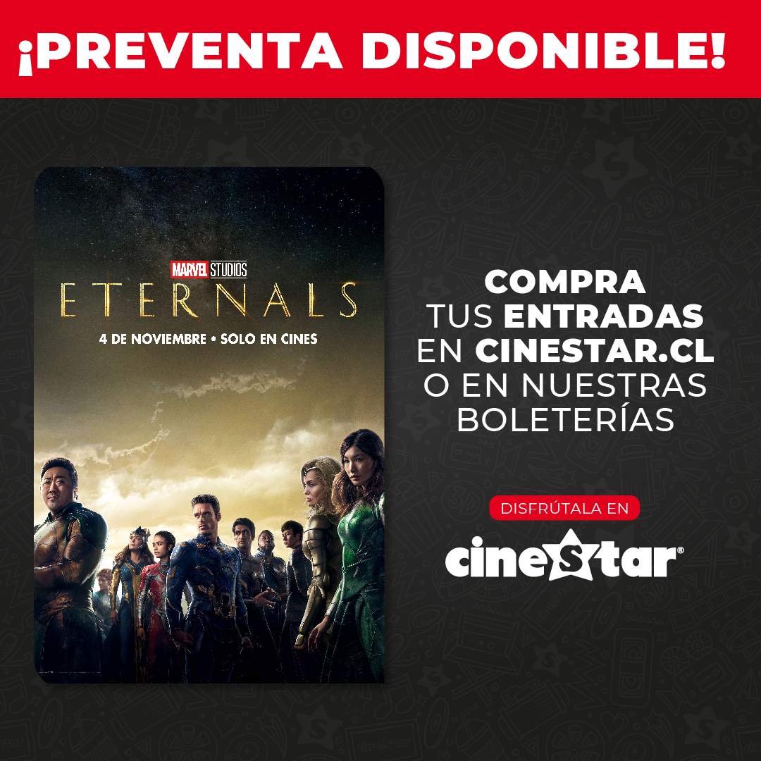 PREVENTA DISPONIBLE

Ya empezamos con la preventa de #ETERNALS 😍 Desde ahora puedes comprar tus entradas y asegurar los mejores asientos para disfrutar como corresponde de este GRAAN ESTRENOO en pantalla grande 🔥