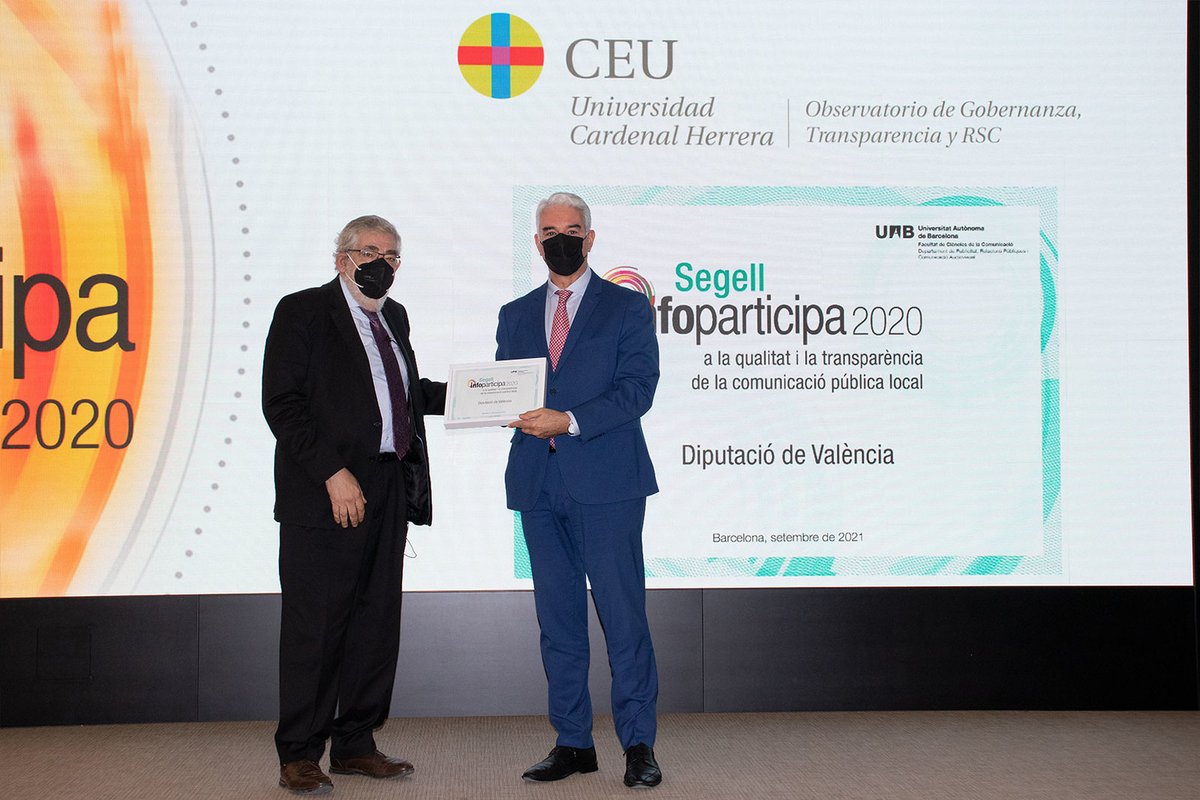 CienciaUCHCEU's tweet photo. Los ayuntamientos y diputaciones más transparentes de la Comunidad Valenciana recogen en la CEU UCH los sellos #Infoparticipa 2020
El Observatorio @uchceu de Gobernanza, Transparencia y RSC entrega estos galardones junto al Grupo ComSET de @UABBarcelona 
https://t.co/tSfnh9eV3g https://t.co/RKSyAcn89Z