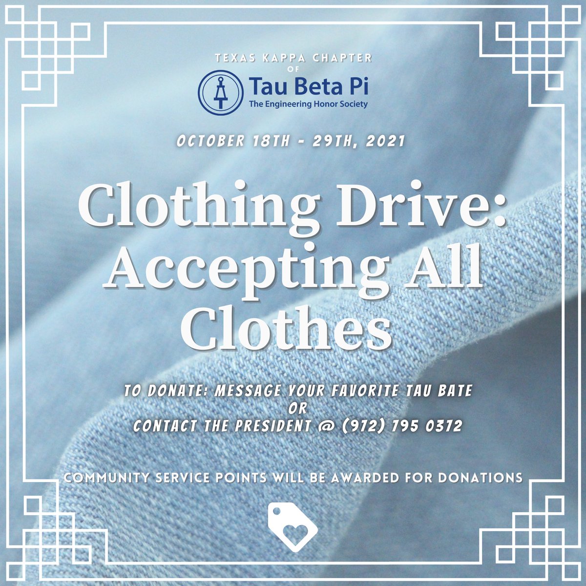 PVTauBetaPi's tweet image. As seasons change 🍁 , we know some clothes have to go. Look no further than your favorite Tau Bates! Join us in donating new and gently used clothing for those in need! We will be collecting clothes the second half of October! 👖👕 Message us for drop off locations! ✨ NOW OPEN!