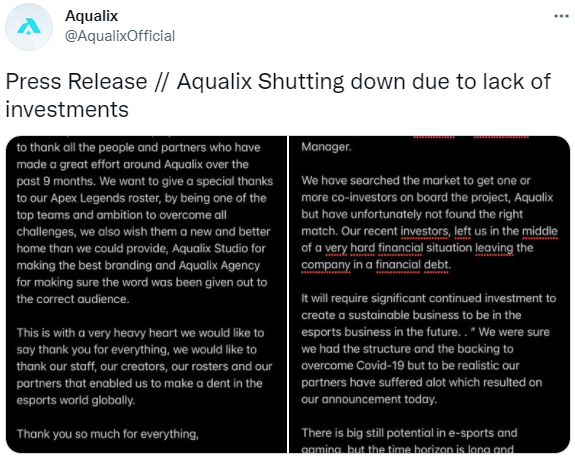 JakeSucky's tweet photo. Apex Legends Team Aqualix has announced they will be disbanding due to a lack of funding, unfortunately it seems they failed to pay out their players before they went broke, as called out by their former pros. 

Something far too common in Esports https://t.co/cCqQs4jhth
