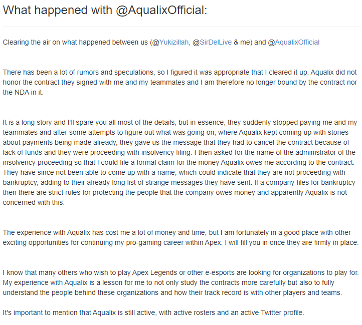 JakeSucky's tweet photo. Apex Legends Team Aqualix has announced they will be disbanding due to a lack of funding, unfortunately it seems they failed to pay out their players before they went broke, as called out by their former pros. 

Something far too common in Esports https://t.co/cCqQs4jhth