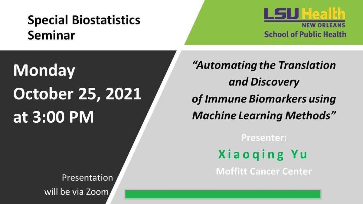 LSUHSCBiostat's tweet image. Please join us on Monday for a special #biostatistics seminar! The speaker is Dr. Xiaoqing Yu from Moffitt Cancer Center. If you are interested in attending, reach out for more information.