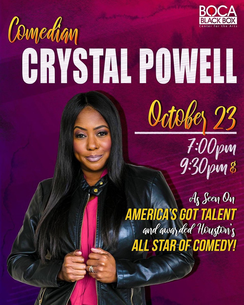 THIS SATURDAY NIGHT! 🎟

Comedian Crystal Powell has packed venues worldwide, performing at L.A’s Laugh Factory, the San Diego Civic Center, and and now making her stop at the Boca Black Box! 

Saturday, October 23, 2021 / 
7:00 PM &amp; 9:30 PM 

TICKETS: 
bocablackbox.showare.com/ComedianCrysta…
