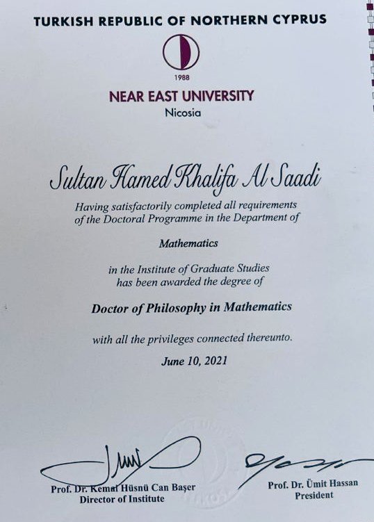 ألف ألف مبروك 👏 ابن اختي سلطان السعدي 
حصولك على شهادة #الدكتوراه في تخصص "الرياضيات" والله أسأل لك مزيدًا من التوفيق في مشوارك المقبل ومنها للأعلى بإذن الله 💕
<a href="/alsaad99/">سلطان السعدي</a>