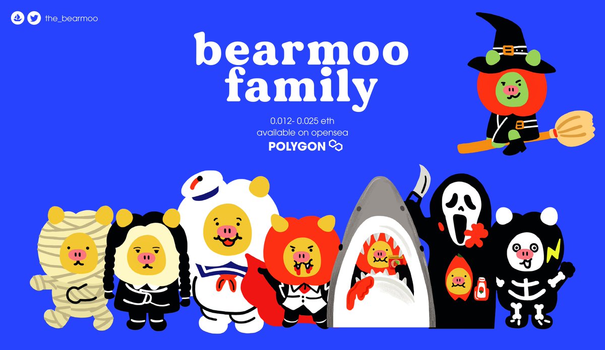 WHERE IS HALLOWEEN PARTY?

'bearmoo family' Do they look familiar? 
Yes.. they come from horror movies that we love. 

🖤price 0.012 - 0.025 
🖤polygon (no gas fee)
opensea.io/collection/bea…

#NFTCommunity #nftcollector #NFTcollectibles #nfthalloween #NFTthai #NFTJapan