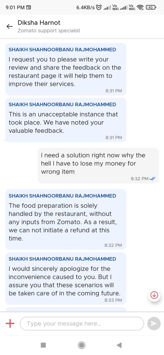 dhansvenkat's tweet photo. @zomatocare never cared for the customer, my friend made an order and received a wrong item. The customer care just responded in a reckless way. Even before getting customer's reply they ended up the chat. Zomato services became worst than ever.
#RejectZomato 
@zomato 

@ https://t.co/XI6T5MAAm4