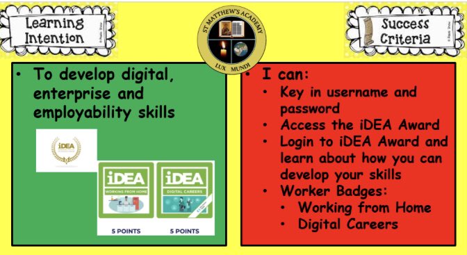 stmattsict's tweet photo. S1 Enterprise classes are all signing up this week to the @idea_award. They are already making excellent progress on the Worker Badges and learning how to manage working from home. Well done all and enjoy your digital learning! 👍 up from all! ⭐️ https://t.co/849bC1incT