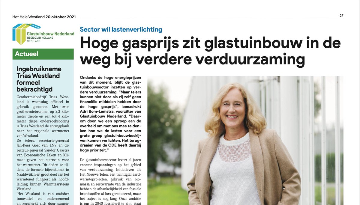 Deze week hebben wij op onze wekelijkse #glastuinbouw pagina in @hethelewestland onder andere aandacht voor:'Hogere gasprijs zit glastuinbouw in de weg bij verdere verduurzaming' en 'Ingebruikname Trias Westland formeel bekrachtigd'. Nieuwsgierig geworden? bit.ly/3BYkccm